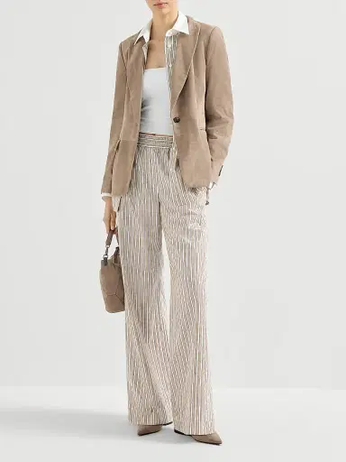 Brunello Cucinelli Women's Dazzling Stripes Pajama Style Trousers in Cotton Poplin - Beige | Thumbnail 6 Brunello Cucinelli Women's Dazzling Stripes Pajama Style Trousers in Cotton Poplin - Beige | Thumbnail 6