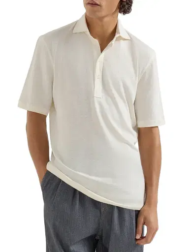 Brunello Cucinelli Men's Linen and Cotton Mélange Jersey Polo with Shirt Style Collar | Thumbnail 2 Brunello Cucinelli Men's Linen and Cotton Mélange Jersey Polo with Shirt Style Collar | Thumbnail 2
