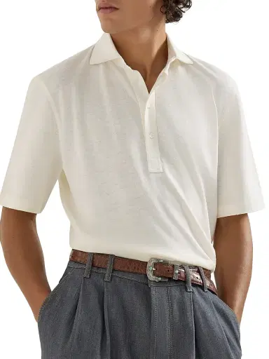 Brunello Cucinelli Men's Linen and Cotton Mélange Jersey Polo with Shirt Style Collar | Thumbnail 4 Brunello Cucinelli Men's Linen and Cotton Mélange Jersey Polo with Shirt Style Collar | Thumbnail 4
