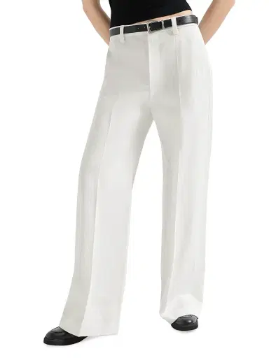 Brunello Cucinelli Women's Cotton and Paper Yarn Diagonal Loose Flared Trousers with Monili - White | Thumbnail 2 Brunello Cucinelli Women's Cotton and Paper Yarn Diagonal Loose Flared Trousers with Monili - White | Thumbnail 2