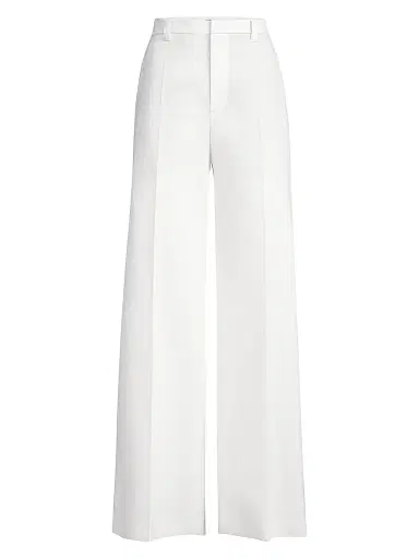 Brunello Cucinelli Women's Cotton and Paper Yarn Diagonal Loose Flared Trousers with Monili - White | Thumbnail 1 Brunello Cucinelli Women's Cotton and Paper Yarn Diagonal Loose Flared Trousers with Monili - White | Thumbnail 1