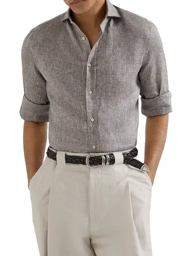 Brunello Cucinelli Men's Linen Easy Fit Shirt with Spread Collar | Thumbnail 5 Brunello Cucinelli Men's Linen Easy Fit Shirt with Spread Collar | Thumbnail 5