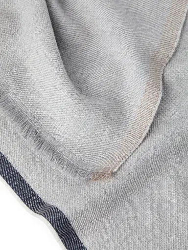 Brunello Cucinelli Men's Wool and Cashmere Diagonal Scarf with Striped Edge - Pearl Grey | Thumbnail 3 Brunello Cucinelli Men's Wool and Cashmere Diagonal Scarf with Striped Edge - Pearl Grey | Thumbnail 3