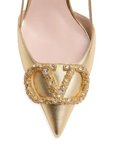 Valentino Garavani Women's VLogo Signature Laminated Nappa Leather 80MM Slingback Pumps - Antique Gold Brass - Size 9 | Thumbnail 4 Valentino Garavani Women's VLogo Signature Laminated Nappa Leather 80MM Slingback Pumps - Antique Gold Brass - Size 9 | Thumbnail 4