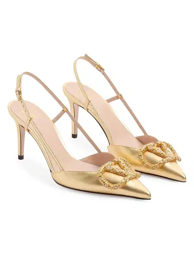 Valentino Garavani Women's VLogo Signature Laminated Nappa Leather 80MM Slingback Pumps - Antique Gold Brass - Size 9 | Thumbnail 1 Valentino Garavani Women's VLogo Signature Laminated Nappa Leather 80MM Slingback Pumps - Antique Gold Brass - Size 9 | Thumbnail 1