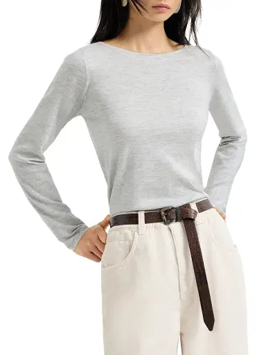 Brunello Cucinelli Women's Cashmere and Silk Sparkling Lightweight Sweater - Pebble | Thumbnail 2 Brunello Cucinelli Women's Cashmere and Silk Sparkling Lightweight Sweater - Pebble | Thumbnail 2