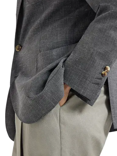 Brunello Cucinelli Men's Wool, Silk and Linen Slubbed Fresco Deconstructed Blazer - Dark Grey | Thumbnail 4 Brunello Cucinelli Men's Wool, Silk and Linen Slubbed Fresco Deconstructed Blazer - Dark Grey | Thumbnail 4