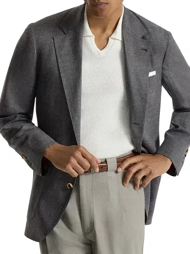 Brunello Cucinelli Men's Wool, Silk and Linen Slubbed Fresco Deconstructed Blazer - Dark Grey | Thumbnail 5 Brunello Cucinelli Men's Wool, Silk and Linen Slubbed Fresco Deconstructed Blazer - Dark Grey | Thumbnail 5