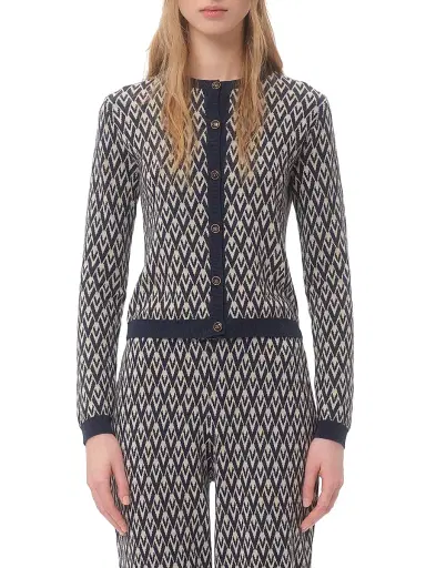 Valentino Garavani Women's Wool Cardigan with Toute La V Jacquard Pattern - Cream Navy | Thumbnail 2 Valentino Garavani Women's Wool Cardigan with Toute La V Jacquard Pattern - Cream Navy | Thumbnail 2