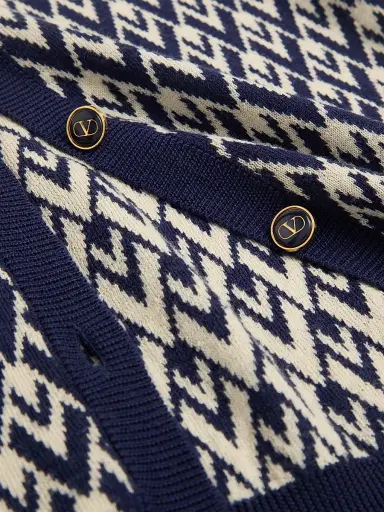 Valentino Garavani Women's Wool Cardigan with Toute La V Jacquard Pattern - Cream Navy | Thumbnail 7 Valentino Garavani Women's Wool Cardigan with Toute La V Jacquard Pattern - Cream Navy | Thumbnail 7