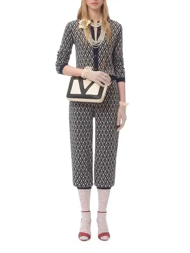 Valentino Garavani Women's Wool Cardigan with Toute La V Jacquard Pattern - Cream Navy | Thumbnail 8 Valentino Garavani Women's Wool Cardigan with Toute La V Jacquard Pattern - Cream Navy | Thumbnail 8