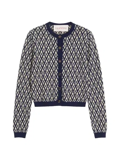 Valentino Garavani Women's Wool Cardigan with Toute La V Jacquard Pattern - Cream Navy | Thumbnail 1 Valentino Garavani Women's Wool Cardigan with Toute La V Jacquard Pattern - Cream Navy | Thumbnail 1