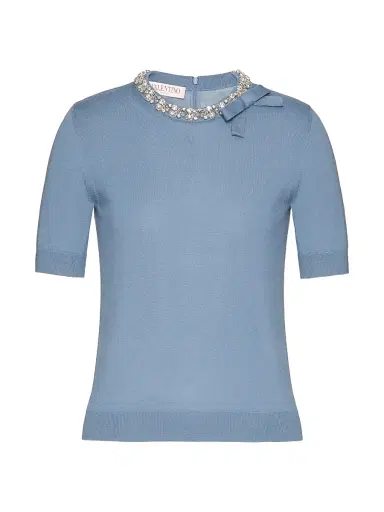 Valentino Garavani Women's Embroidered Wool Sweater - Azure | Thumbnail 1 Valentino Garavani Women's Embroidered Wool Sweater - Azure | Thumbnail 1