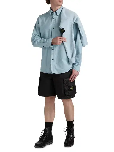 Stone Island Men's Logo-Embroidered Cotton Button-Down Shirt - Dust Blue | Thumbnail 2 Stone Island Men's Logo-Embroidered Cotton Button-Down Shirt - Dust Blue | Thumbnail 2