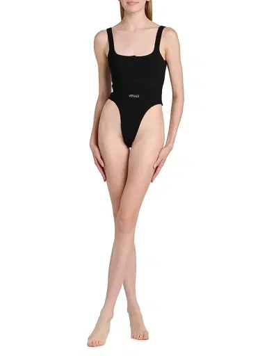 Versace Women's Logo-Embroidered Ribbed Tank Bodysuit - Black | Thumbnail 2 Versace Women's Logo-Embroidered Ribbed Tank Bodysuit - Black | Thumbnail 2