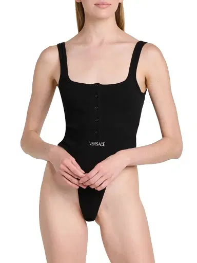Versace Women's Logo-Embroidered Ribbed Tank Bodysuit - Black | Thumbnail 3 Versace Women's Logo-Embroidered Ribbed Tank Bodysuit - Black | Thumbnail 3