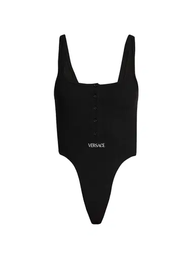 Versace Women's Logo-Embroidered Ribbed Tank Bodysuit - Black | Thumbnail 1 Versace Women's Logo-Embroidered Ribbed Tank Bodysuit - Black | Thumbnail 1