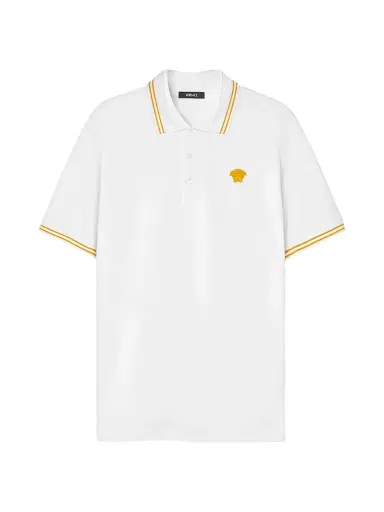 Versace Men's Medusa Pop Piqué Polo - Optical White | Thumbnail 1 Versace Men's Medusa Pop Piqué Polo - Optical White | Thumbnail 1