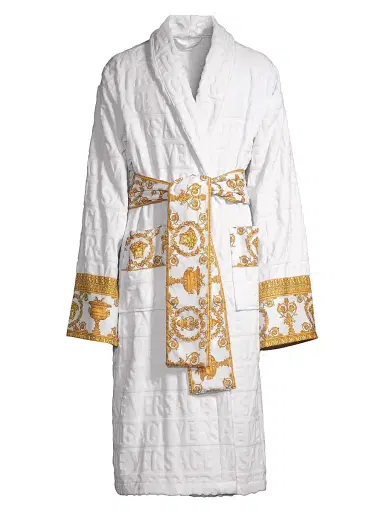Versace Men's Logo Baroque Bathrobe - White | Thumbnail 1 Versace Men's Logo Baroque Bathrobe - White | Thumbnail 1