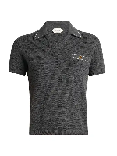 Versace Women's Cotton Knit Polo Top - Anthracite | Thumbnail 1 Versace Women's Cotton Knit Polo Top - Anthracite | Thumbnail 1
