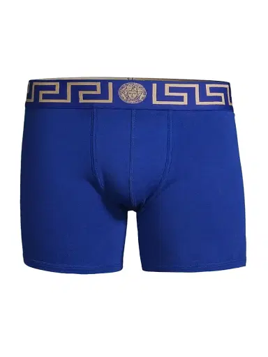 Versace Men's Greca Waistband Jersey Trunks - Bluette Gold - Size XL | Thumbnail 1 Versace Men's Greca Waistband Jersey Trunks - Bluette Gold - Size XL | Thumbnail 1
