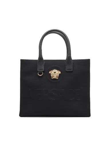 Versace Women's Small Canvas & Leather Tote Bag - Black | Thumbnail 1 Versace Women's Small Canvas & Leather Tote Bag - Black | Thumbnail 1
