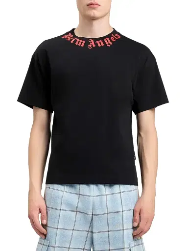 Palm Angels Men's Logo Crewneck Cotton T-Shirt - Black Red | Thumbnail 3 Palm Angels Men's Logo Crewneck Cotton T-Shirt - Black Red | Thumbnail 3