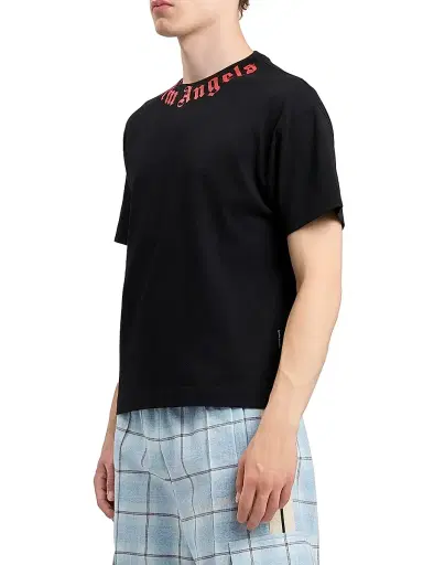 Palm Angels Men's Logo Crewneck Cotton T-Shirt - Black Red | Thumbnail 4 Palm Angels Men's Logo Crewneck Cotton T-Shirt - Black Red | Thumbnail 4
