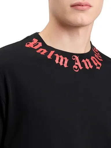 Palm Angels Men's Logo Crewneck Cotton T-Shirt - Black Red | Thumbnail 6 Palm Angels Men's Logo Crewneck Cotton T-Shirt - Black Red | Thumbnail 6