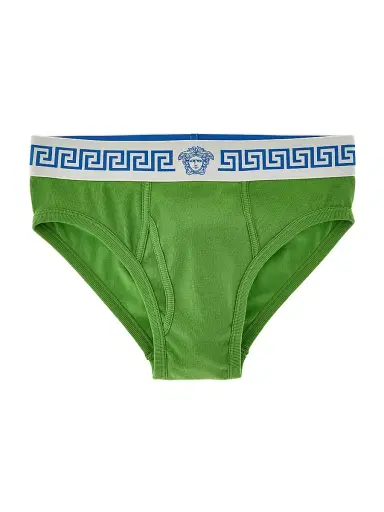 Versace Men's La Greca Medusa Stretch-Cotton Brief - White Bright Green | Thumbnail 1 Versace Men's La Greca Medusa Stretch-Cotton Brief - White Bright Green | Thumbnail 1