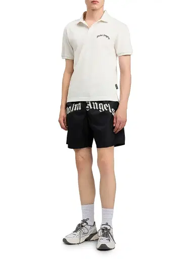 Palm Angels Men's Curved Logo Swim Shorts - Black Off White | Thumbnail 2 Palm Angels Men's Curved Logo Swim Shorts - Black Off White | Thumbnail 2