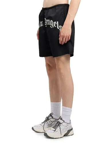 Palm Angels Men's Curved Logo Swim Shorts - Black Off White | Thumbnail 4 Palm Angels Men's Curved Logo Swim Shorts - Black Off White | Thumbnail 4