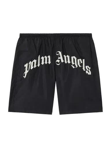 Palm Angels Men's Curved Logo Swim Shorts - Black Off White | Thumbnail 1 Palm Angels Men's Curved Logo Swim Shorts - Black Off White | Thumbnail 1