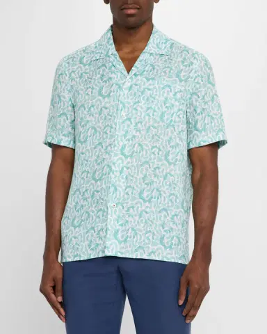 Isaia Men's Linen Coral-Print Camp Shirt | Thumbnail 4 Isaia Men's Linen Coral-Print Camp Shirt | Thumbnail 4