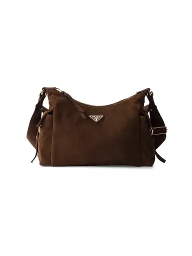 Prada Women's Large Explore Suede Shoulder Bag - Dark Brown | Thumbnail 1 Prada Women's Large Explore Suede Shoulder Bag - Dark Brown | Thumbnail 1