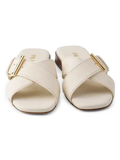Prada Women's Leather Crisscross Slides with Buckle - Beige Khaki - Size 7 | Thumbnail 2 Prada Women's Leather Crisscross Slides with Buckle - Beige Khaki - Size 7 | Thumbnail 2