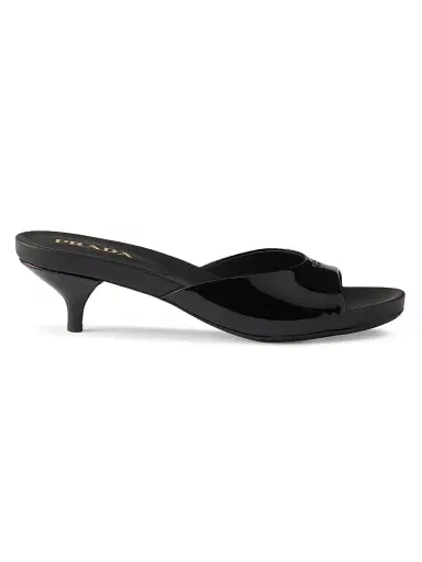 Prada Women's Patent Leather Kitten Heel Sandals - Black | Thumbnail 1 Prada Women's Patent Leather Kitten Heel Sandals - Black | Thumbnail 1