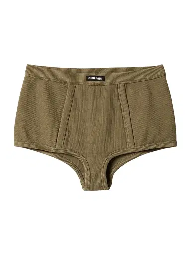 Miu Miu Women's Garment-Dyed Ribbed Boxer Shorts - Green | Thumbnail 1 Miu Miu Women's Garment-Dyed Ribbed Boxer Shorts - Green | Thumbnail 1