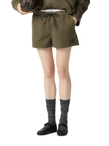 Miu Miu Women's Garment-Dyed Fleece Shorts - Green | Thumbnail 2 Miu Miu Women's Garment-Dyed Fleece Shorts - Green | Thumbnail 2