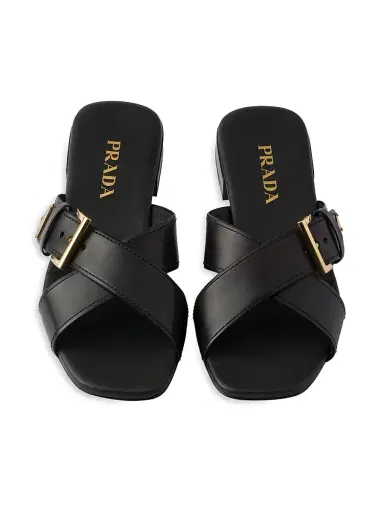 Prada Women's Leather Crisscross Slides with Buckle | Thumbnail 2 Prada Women's Leather Crisscross Slides with Buckle | Thumbnail 2