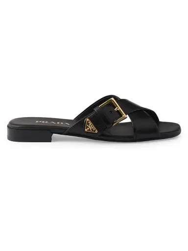 Prada Women's Leather Crisscross Slides with Buckle | Thumbnail 1 Prada Women's Leather Crisscross Slides with Buckle | Thumbnail 1