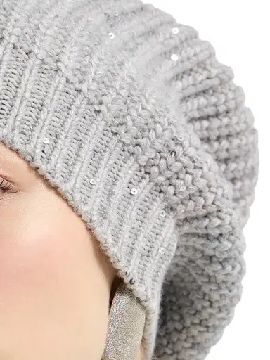 Brunello Cucinelli Women's Cashmere and Silk Diamond Yarn Knit Beanie - Light Grey | Thumbnail 3 Brunello Cucinelli Women's Cashmere and Silk Diamond Yarn Knit Beanie - Light Grey | Thumbnail 3