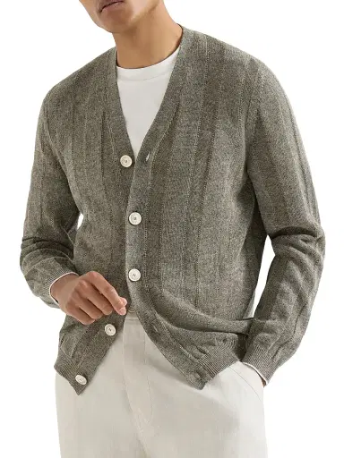 Brunello Cucinelli Men's Linen and Cotton Textured Rib Cardigan | Thumbnail 2 Brunello Cucinelli Men's Linen and Cotton Textured Rib Cardigan | Thumbnail 2