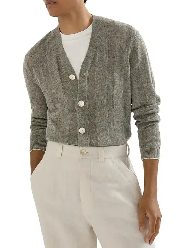 Brunello Cucinelli Men's Linen and Cotton Textured Rib Cardigan | Thumbnail 4 Brunello Cucinelli Men's Linen and Cotton Textured Rib Cardigan | Thumbnail 4