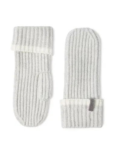 Brunello Cucinelli Women's Cashmere English Rib Knit Mittens with Monili | Thumbnail 1 Brunello Cucinelli Women's Cashmere English Rib Knit Mittens with Monili | Thumbnail 1