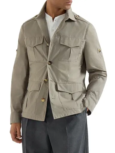 Brunello Cucinelli Men's Lightweight Water Resistant Techno Cotton Unlined Safari Jacket - Khaki | Thumbnail 2 Brunello Cucinelli Men's Lightweight Water Resistant Techno Cotton Unlined Safari Jacket - Khaki | Thumbnail 2