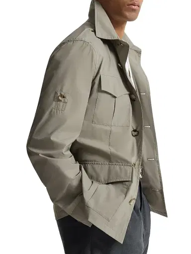 Brunello Cucinelli Men's Lightweight Water Resistant Techno Cotton Unlined Safari Jacket - Khaki | Thumbnail 4 Brunello Cucinelli Men's Lightweight Water Resistant Techno Cotton Unlined Safari Jacket - Khaki | Thumbnail 4