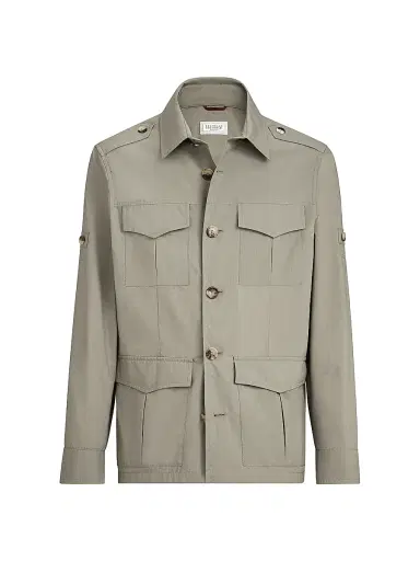 Brunello Cucinelli Men's Lightweight Water Resistant Techno Cotton Unlined Safari Jacket - Khaki | Thumbnail 1 Brunello Cucinelli Men's Lightweight Water Resistant Techno Cotton Unlined Safari Jacket - Khaki | Thumbnail 1