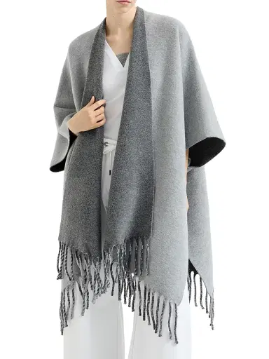 Brunello Cucinelli Women's Wool and Cashmere Reversible Double Knit Poncho Grey | Thumbnail 2 Brunello Cucinelli Women's Wool and Cashmere Reversible Double Knit Poncho Grey | Thumbnail 2