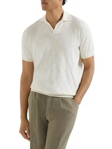Brunello Cucinelli Men's Cotton Textured Argyle Lightweight Knit Polo Shirt - White | Thumbnail 2 Brunello Cucinelli Men's Cotton Textured Argyle Lightweight Knit Polo Shirt - White | Thumbnail 2